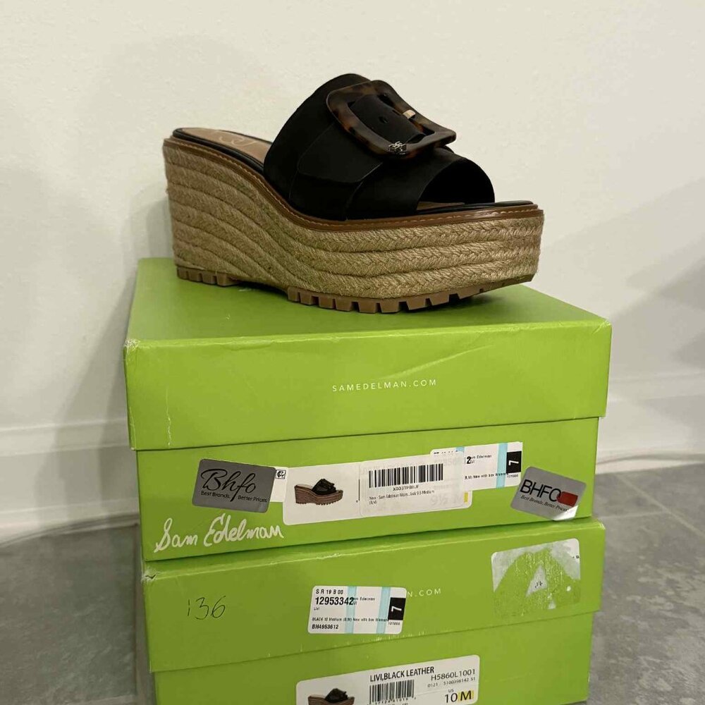 Sam Edelman Liv Black Leather Wedge Sandals – Size 10M – NIB